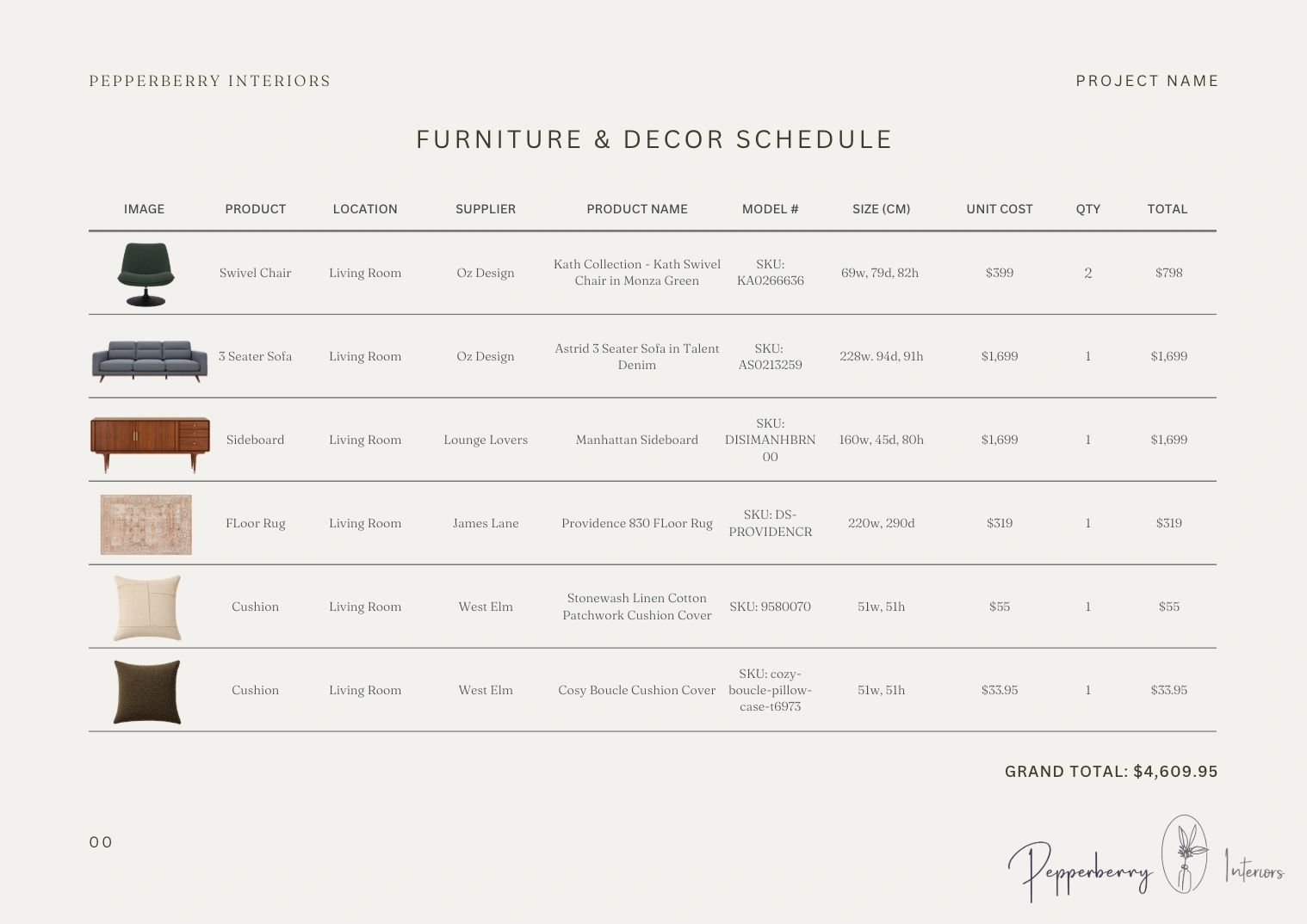 Furniture and decor schedule by Pepperberry Interiors with product details and prices.