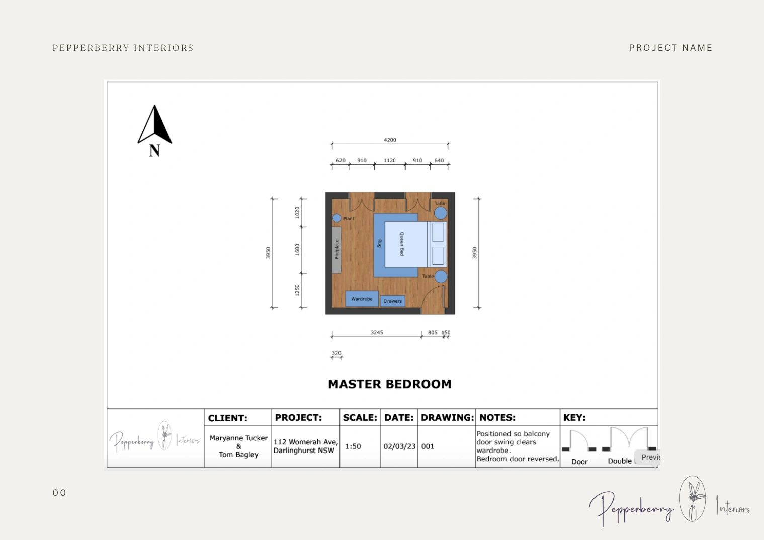 Floor plan of a master bedroom with furniture placement and measurements.