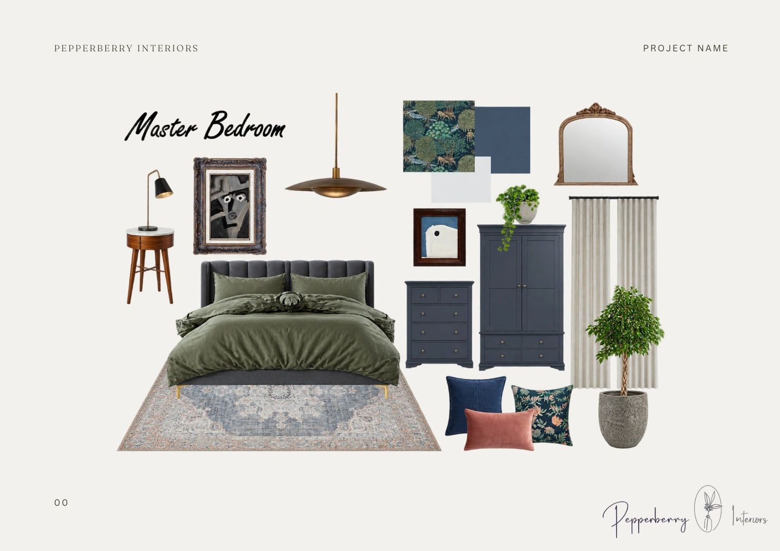Master bedroom interior design concept with green and navy blue tones.