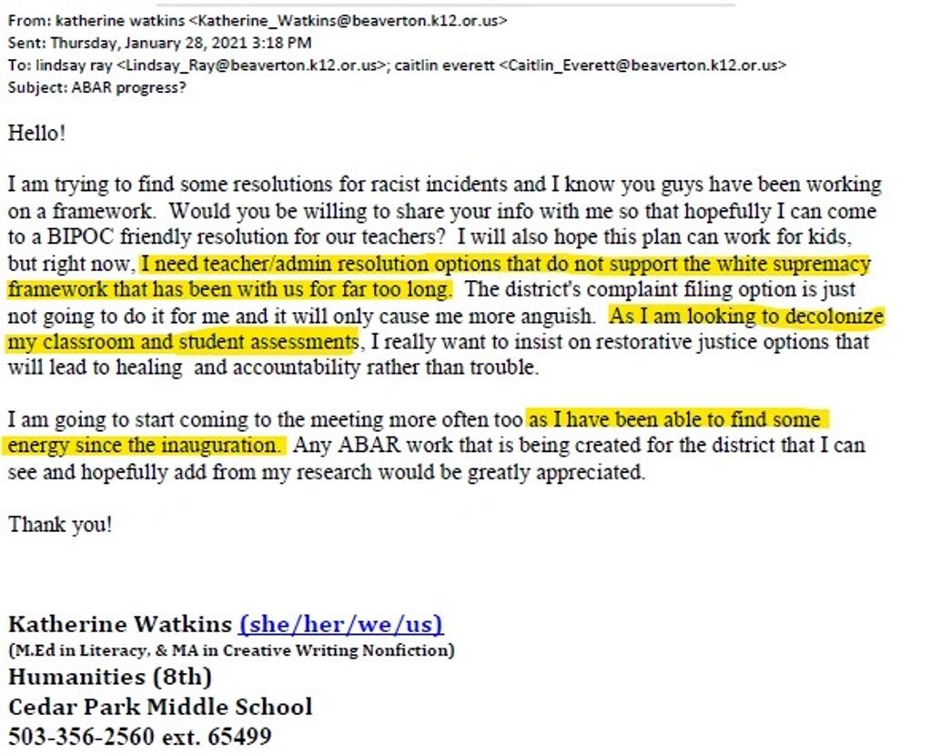 Email from Katherine Watkins, teacher at Beaverton School District, loaded with CRT language