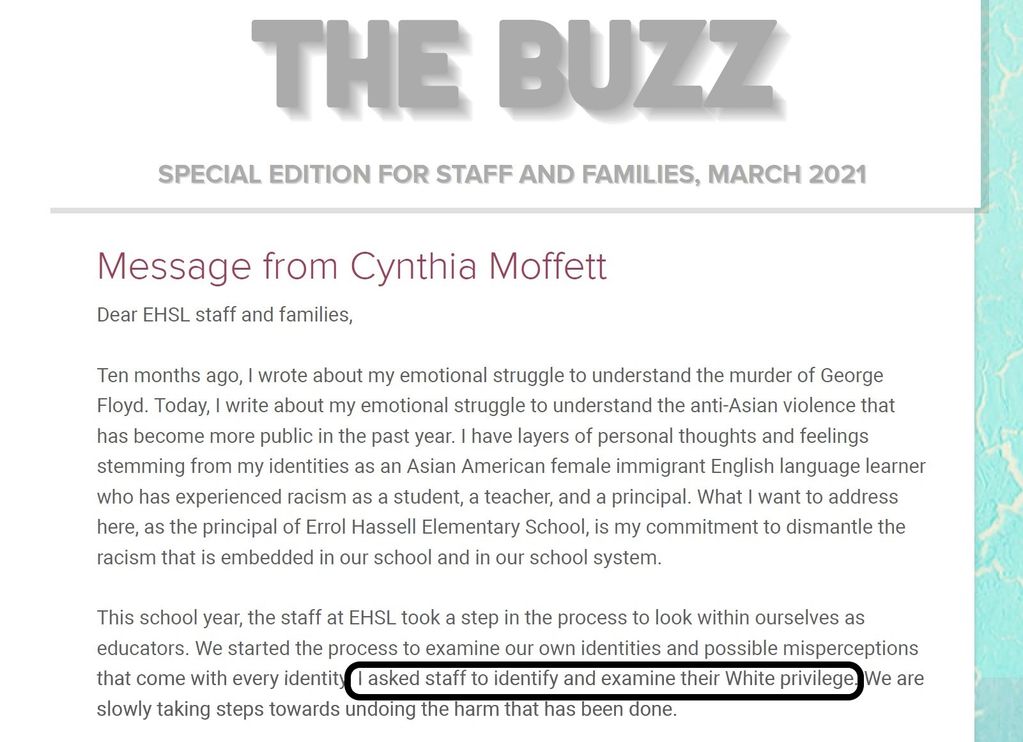 Cynthia Moffett Newsletter at Errol Hassell Elementary covers CRT and White privilege