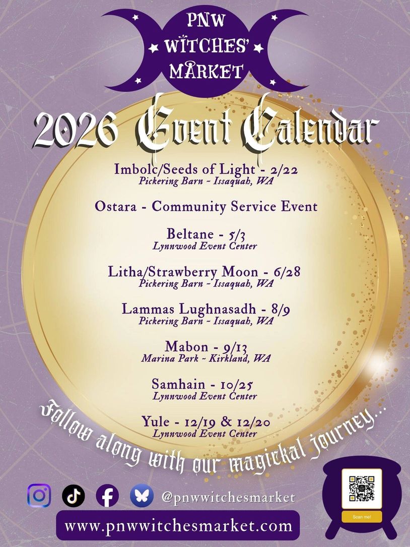 Image with the PNW Witches Market 2026 Event Calendar printed.