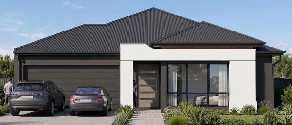 Modern house with two cars parked outside.