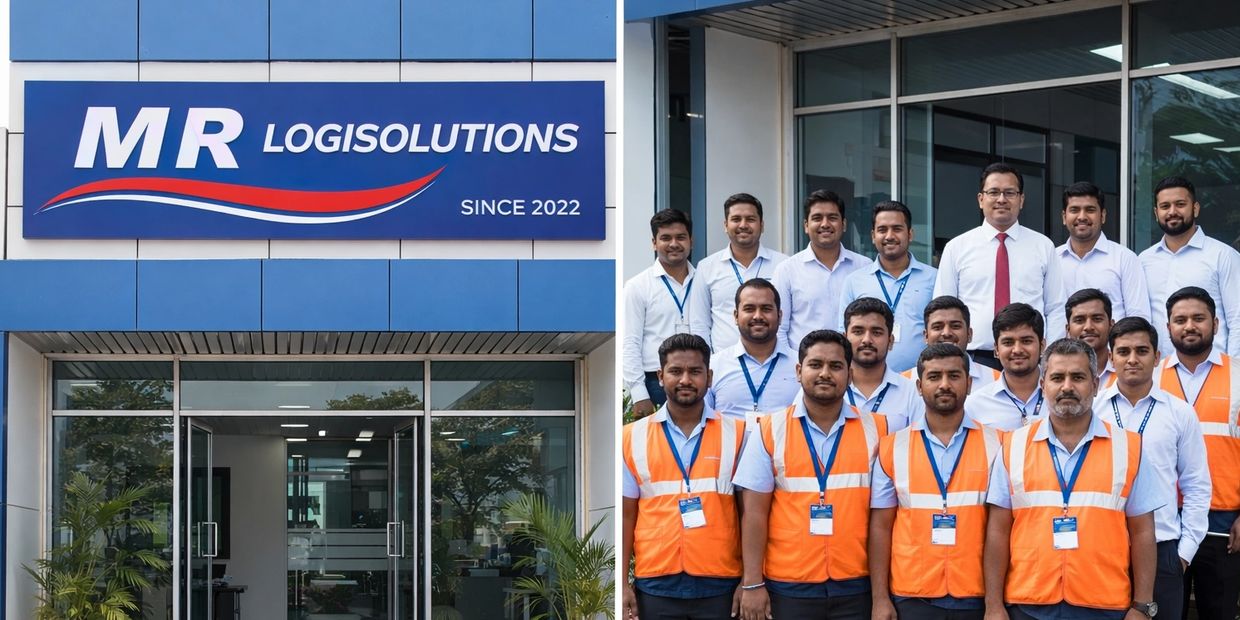 Team of employees standing outside MR Logisolutions office building.