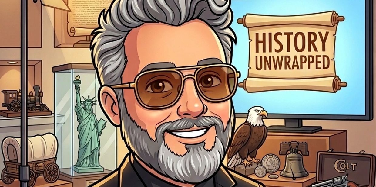 Cartoon man with history artifacts and 'History Unwrapped' sign.