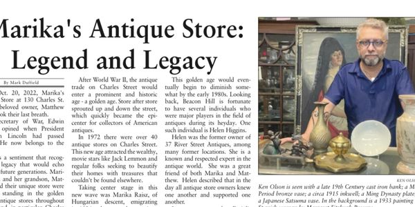 Antique items displayed at Marika's Antique Store with a vintage portrait in the background.