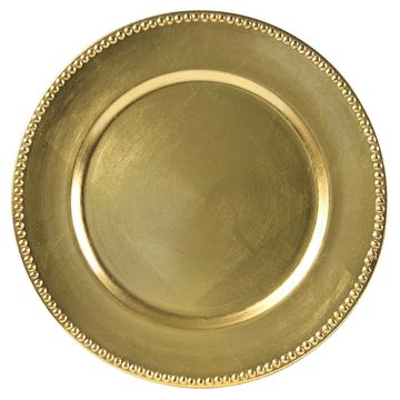 Elegant gold charger plate with beaded edge detail.