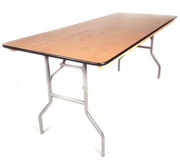 A rectangular folding table with a wooden top and metal legs.