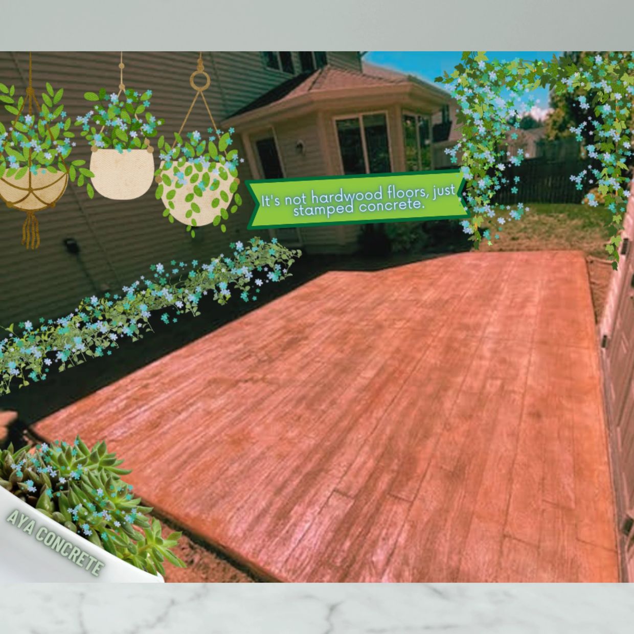 Stamped concrete patio designed to mimic hardwood floors in a backyard.