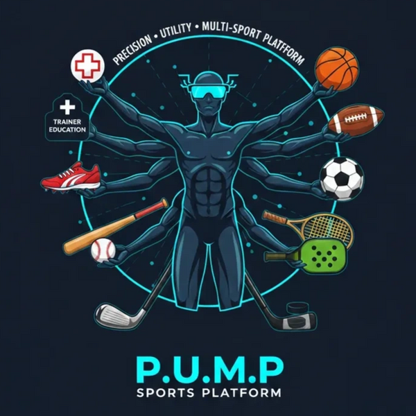 8-armed man holding Mulitiple sports items 