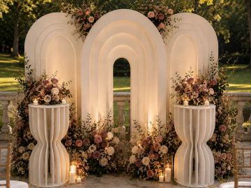 Elegant wedding backdrop with floral arrangements and soft lighting.