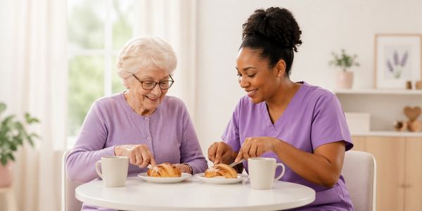 Elderly woman and caregiver enjoying croissants and coffee together.