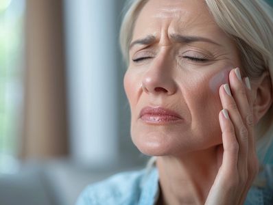 Woman experiencing facial pain, touching her face.