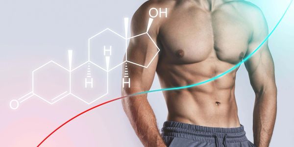 Muscular male torso with chemical structure overlay representing hormones.