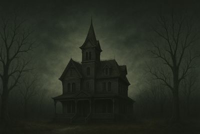 A dark, eerie Victorian house surrounded by barren trees at night.