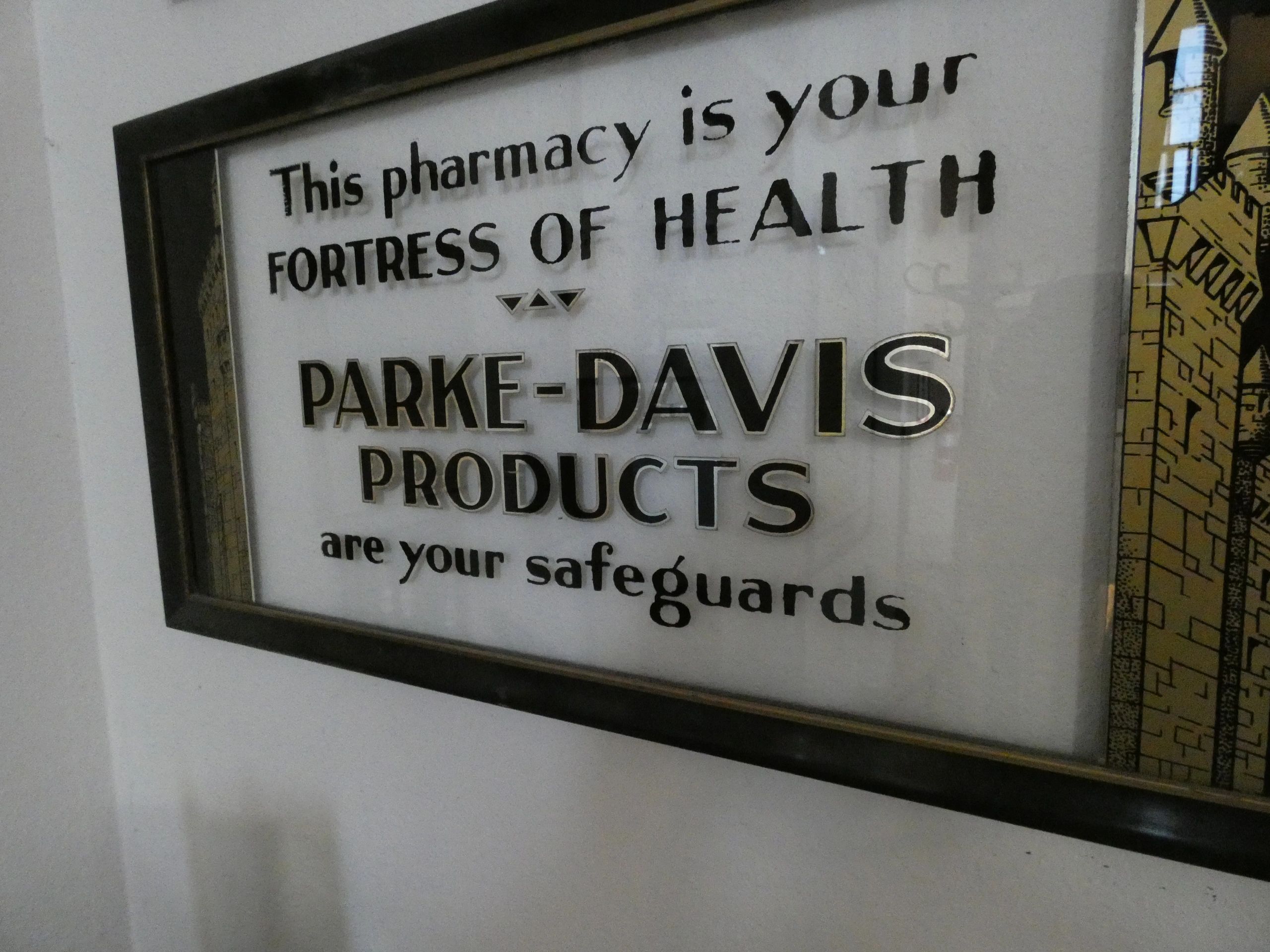 Historic Parke-Davis pharmacy products sign.