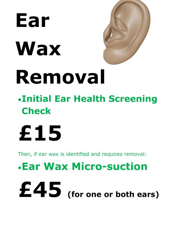 Poster advertising ear wax removal services with pricing details.