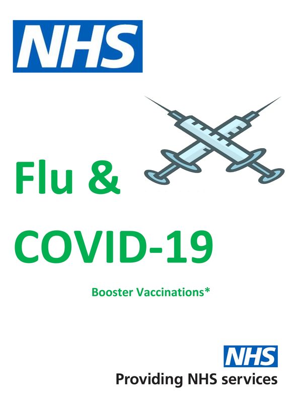 NHS promoting flu and COVID-19 booster vaccinations with syringe illustration.