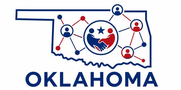 Outline of Oklahoma with connected social icons and handshake.