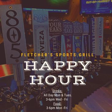 Tap handles at Fletcher's Sports Grill promoting happy hour.