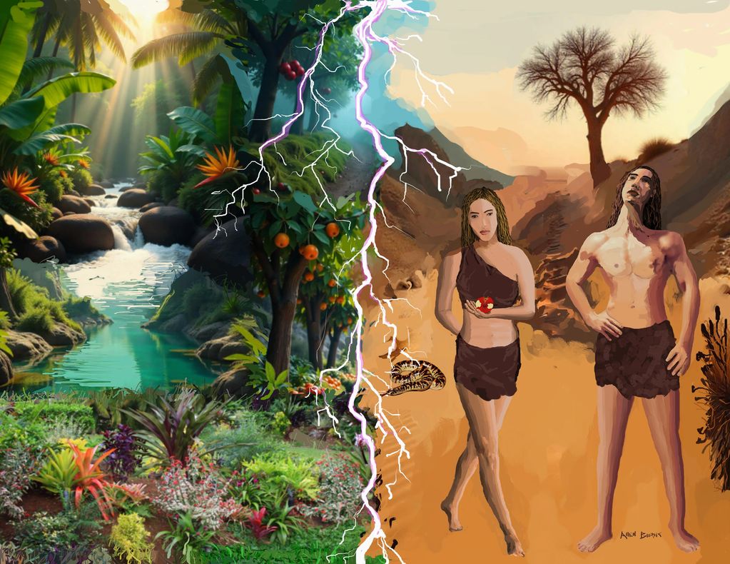 A vivid illustration of paradise lost with Adam, Eve, and the serpent amid contrasting lush and barren landscapes.