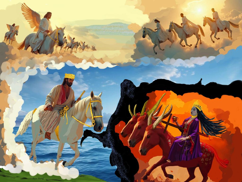 A vivid depiction of celestial riders and apocalyptic horsemen.