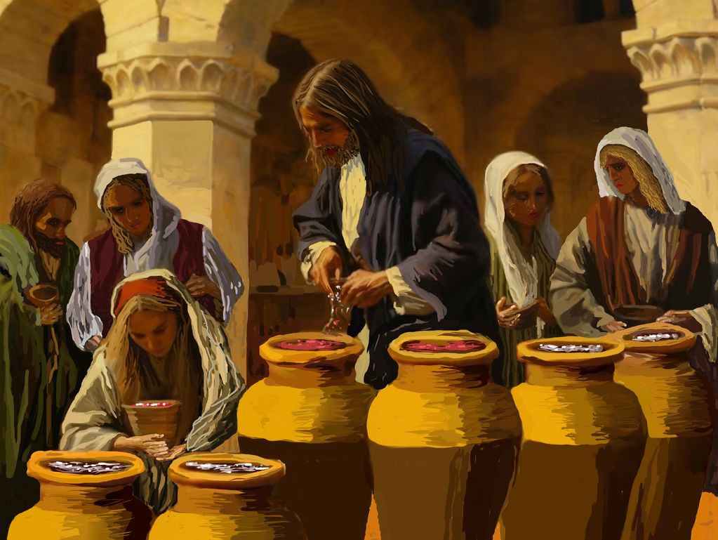People in traditional clothing filling large clay jars with beads or seeds.