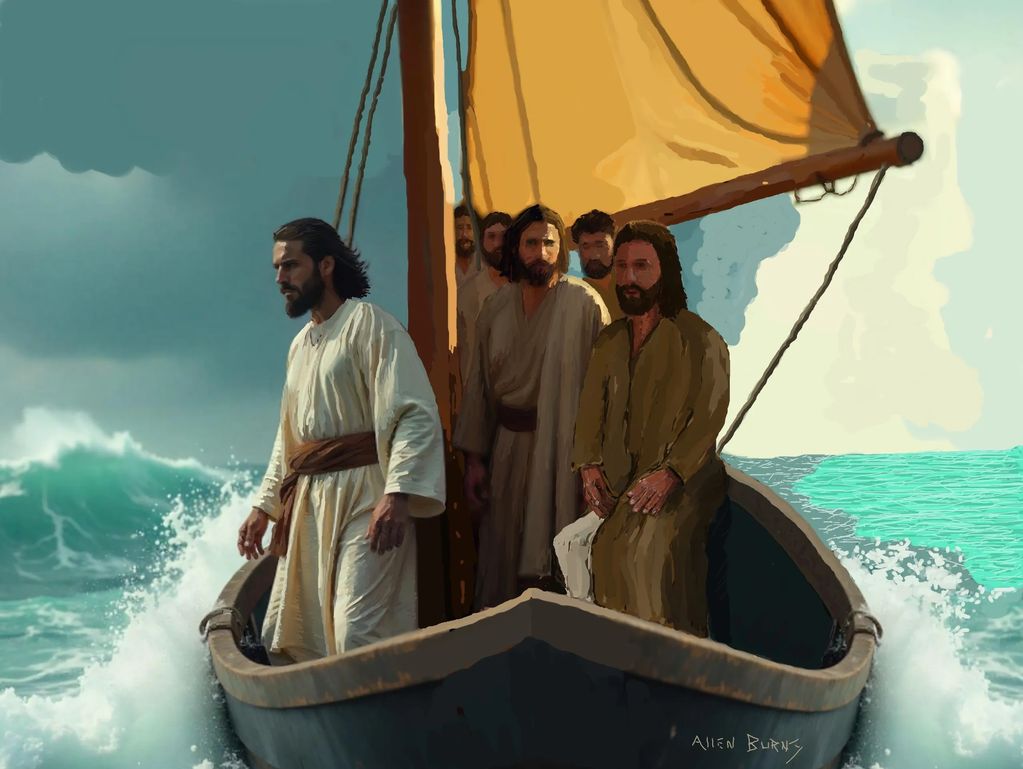 Jesus and his disciples on a boat in stormy seas.