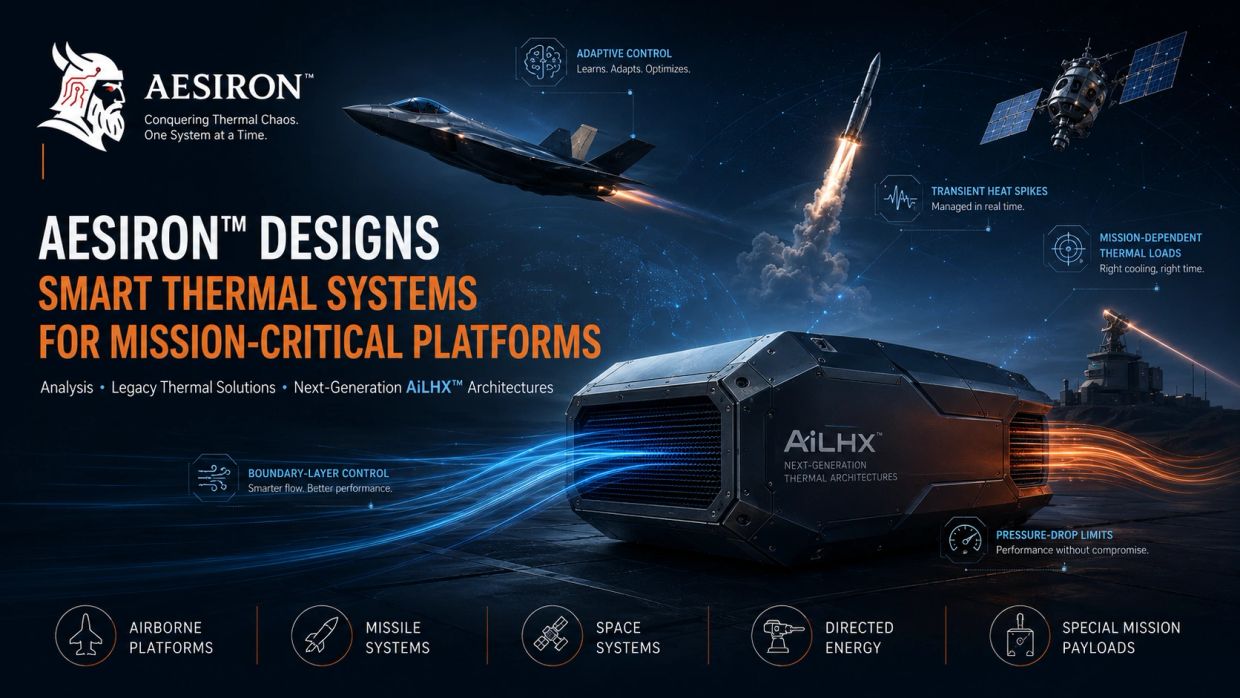 Aesiron's smart thermal system AiLHX for mission-critical platforms like jets, hypersonics, directed energy weapons, airborne laser systems, and satellites.