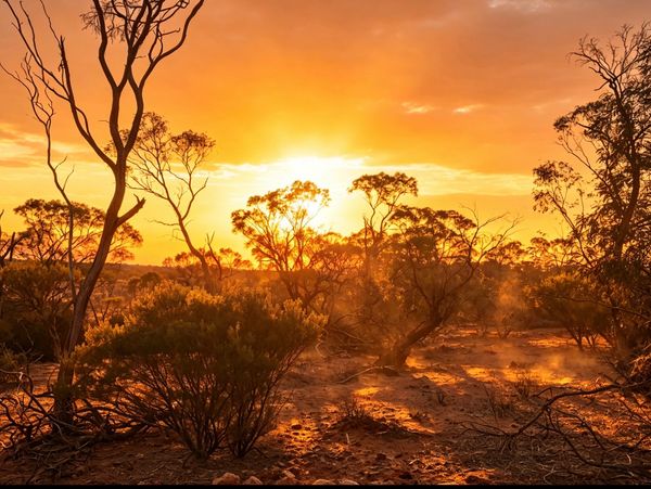 Sunset casting golden light over a dry, bushy landscape.