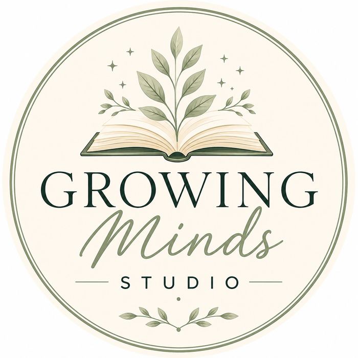 Logo of Growing Minds Studio with book and leaves.