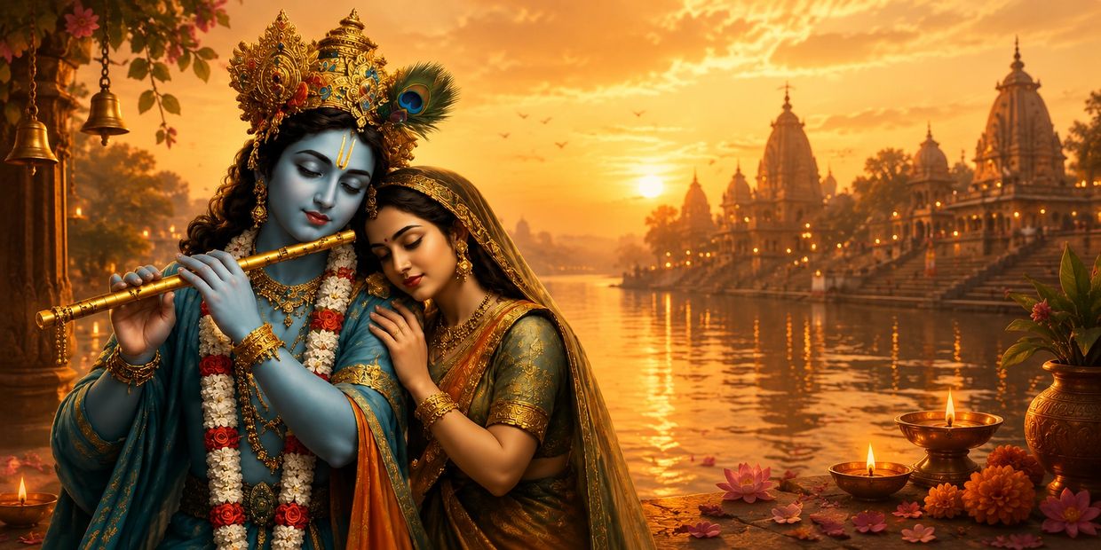 Lord Krishna playing flute with Radha at a serene riverside during sunset.