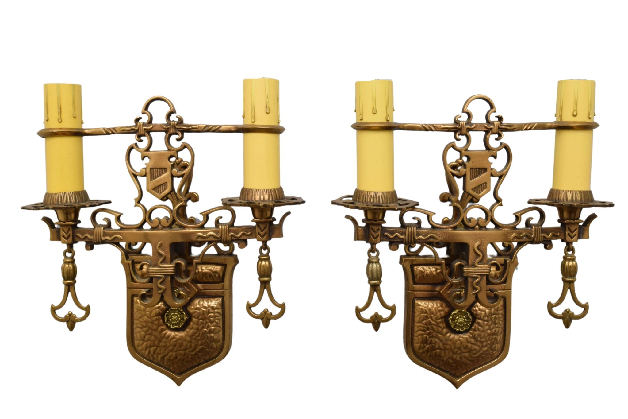 Antique vintage large brass double arm stamped brass candle socket sconce light fixture rewired