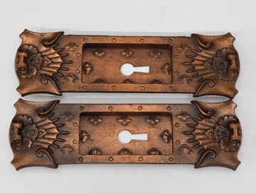 Early1900s pair keyed cast bronze pocket door plates with natural patina S16