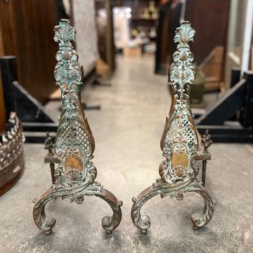 Pair highly detailed 1920s Neoclassical andirons with acanthus leaf, lattice, and plume details