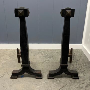 Pair 1920s iron and brass mission or craftsman style heavy fireplace andirons