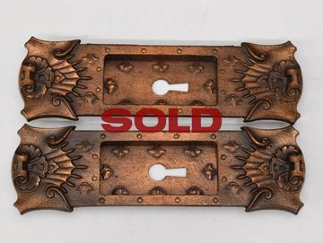 Early1900s pair keyed cast bronze pocket door plates with natural patina S16