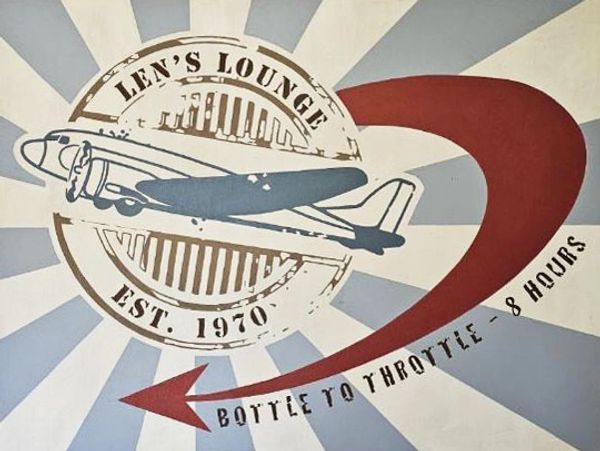 Len's Lounge. Acrylic on wood panel, bar sign 4' x 6', part of event deliverables for private party.