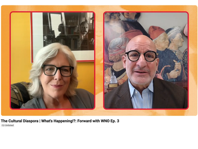 Anne Midgette and Marc Scorca's faces side by side as they converse over Zoom