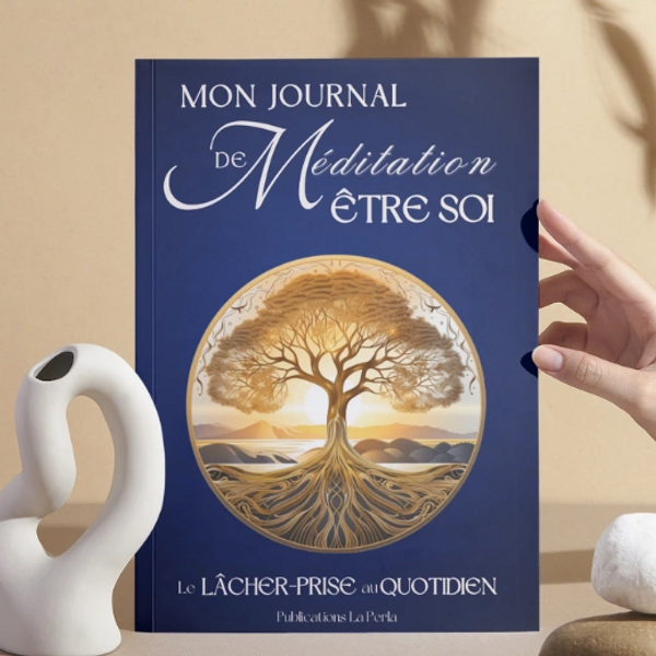 Journal de Méditation - Collection Être Soi, déposé sur une table avec environnement zen. 