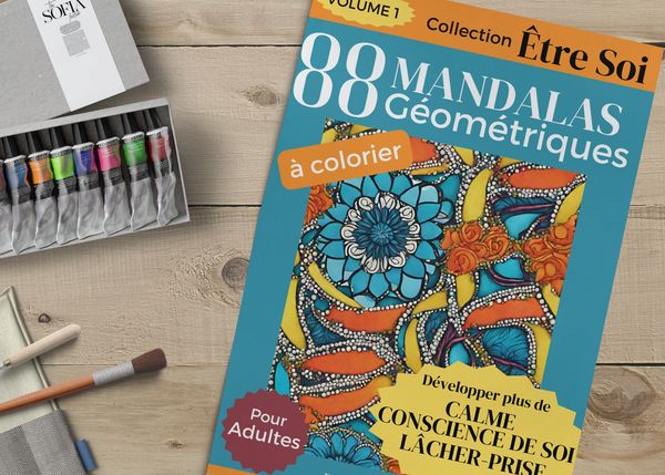 88 mandalas géométriques Volume 1 sur une table de b ois avec gouache et pinceaux