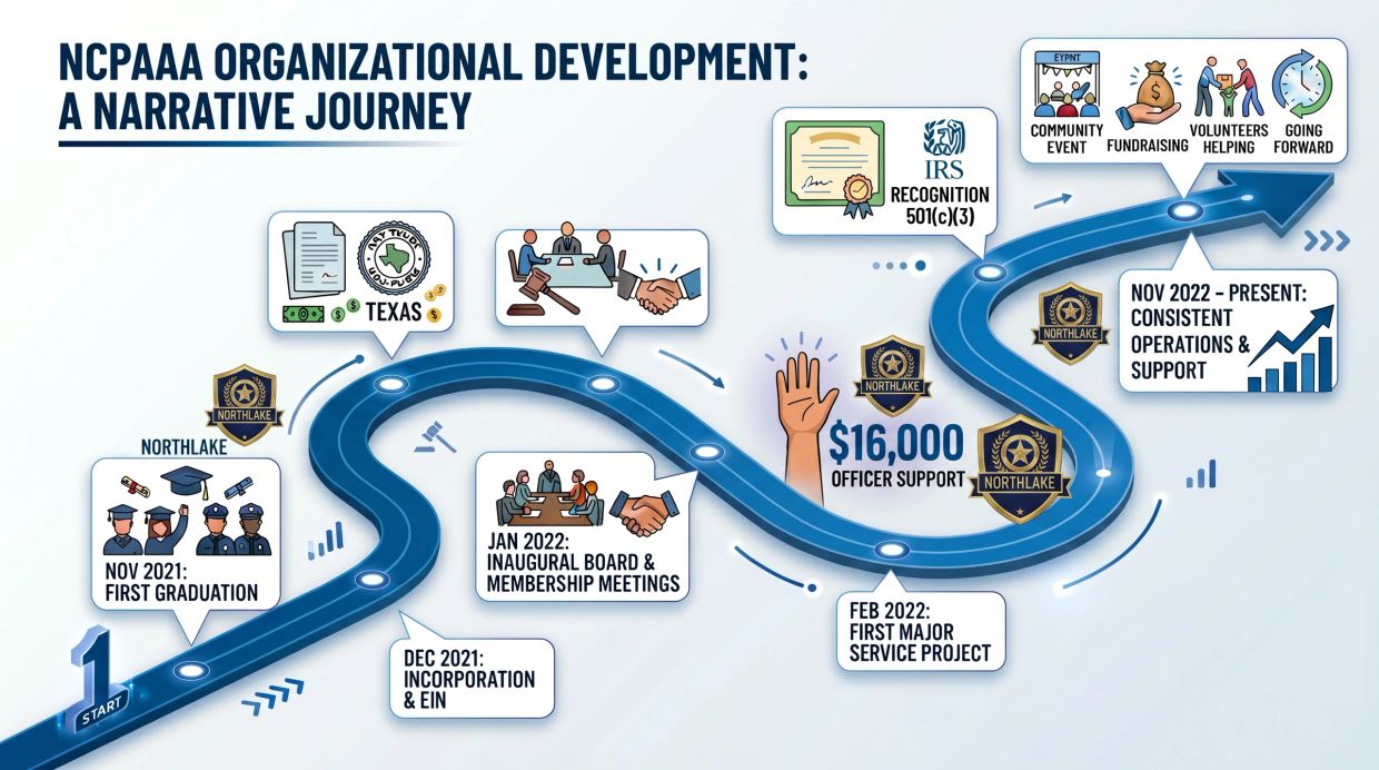 NCPAAA's timeline from incorporation to consistent community support and fundraising.