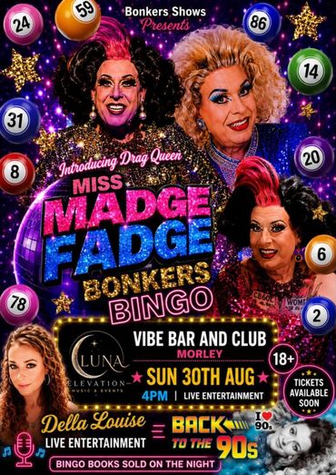 Colorful poster for Miss Madge Fadge Bonkers Bingo event at Vibe Bar.