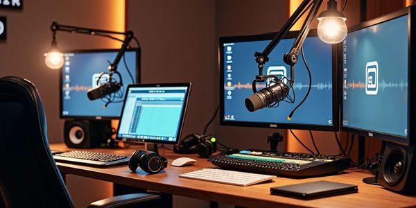 Modern podcast studio setup with dual monitors, microphones, and warm lighting.