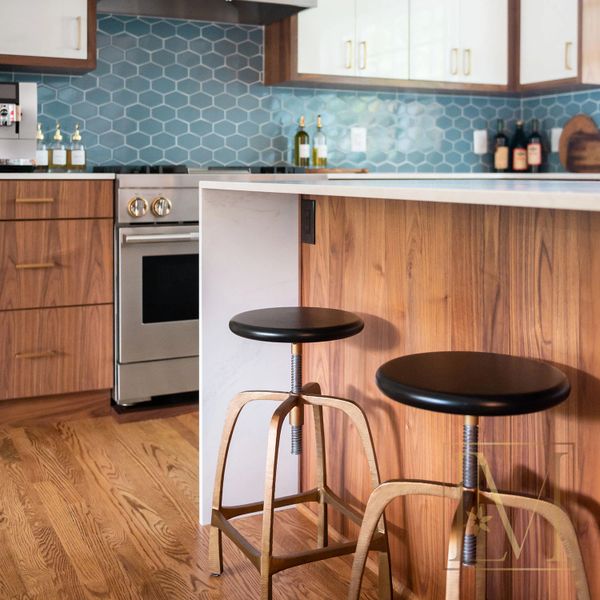 Midcentury kitchen dining walnut quartz Topknobs Monogram  