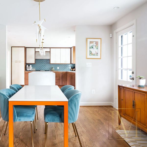 Midcentury kitchen dining walnut quartz Kohler Airswitch disposal Monogram renovation design