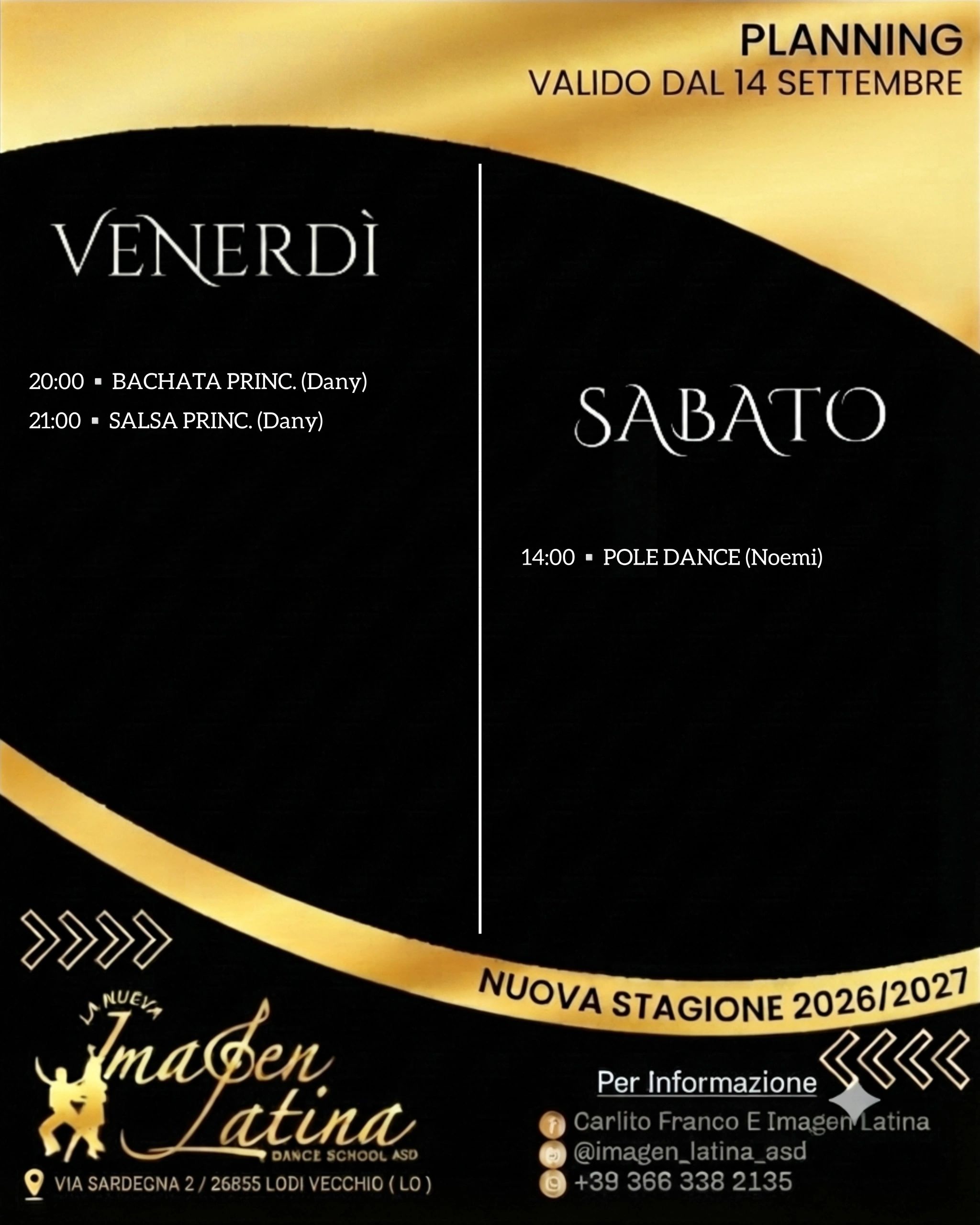 Orari corsi di danza per venerdì e sabato alla Escuela Imagen Latina.