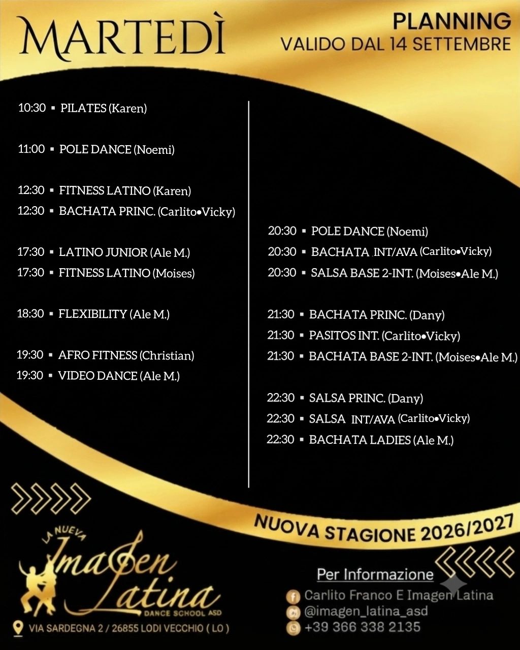 Programma di lezioni di danza e fitness del martedì.