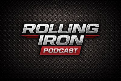 Rolling Iron Podcast logo on a textured metal background.