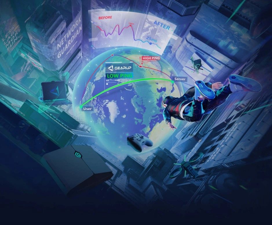 A digital art showing network latency improvement with a person diving near Earth and gaming elements.